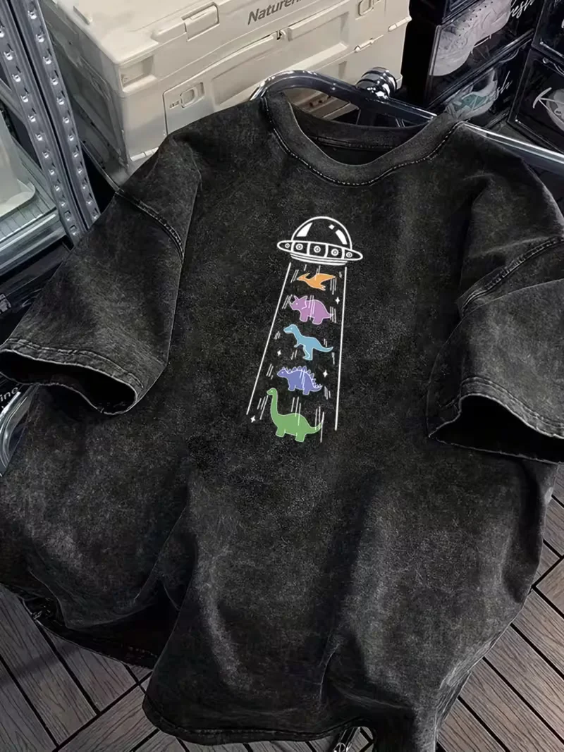 Vintage Washed UFO Dinosaurs Graphic T-Shirt Cute Colorful Cartoon Dino Space Print Soft Short Sleeve Unisex Casual Daily Top