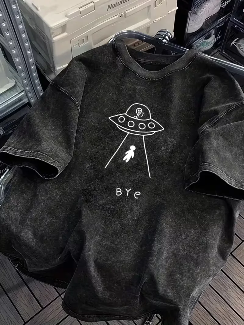 Vintage Washed UFO Dinosaurs Graphic T-Shirt Cute Colorful Cartoon Dino Space Print Soft Short Sleeve Unisex Casual Daily Top