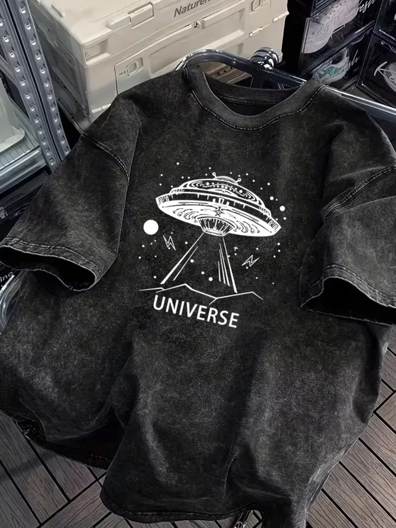 Vintage Washed UFO Dinosaurs Graphic T-Shirt Cute Colorful Cartoon Dino Space Print Soft Short Sleeve Unisex Casual Daily Top