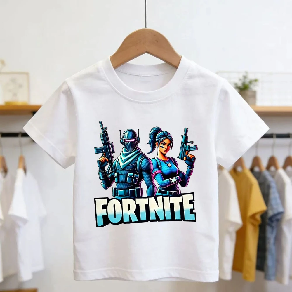 Boys and Girls Fortnites Theme Cartoon Printed T-Shirt Summer Child White Cotton T-Shirt Cartoon Hot Game Fortnite Short Sleeve
