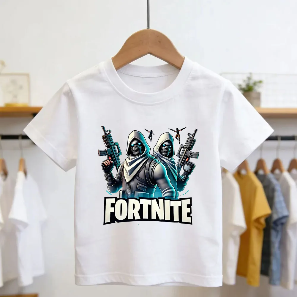 Boys and Girls Fortnites Theme Cartoon Printed T-Shirt Summer Child White Cotton T-Shirt Cartoon Hot Game Fortnite Short Sleeve