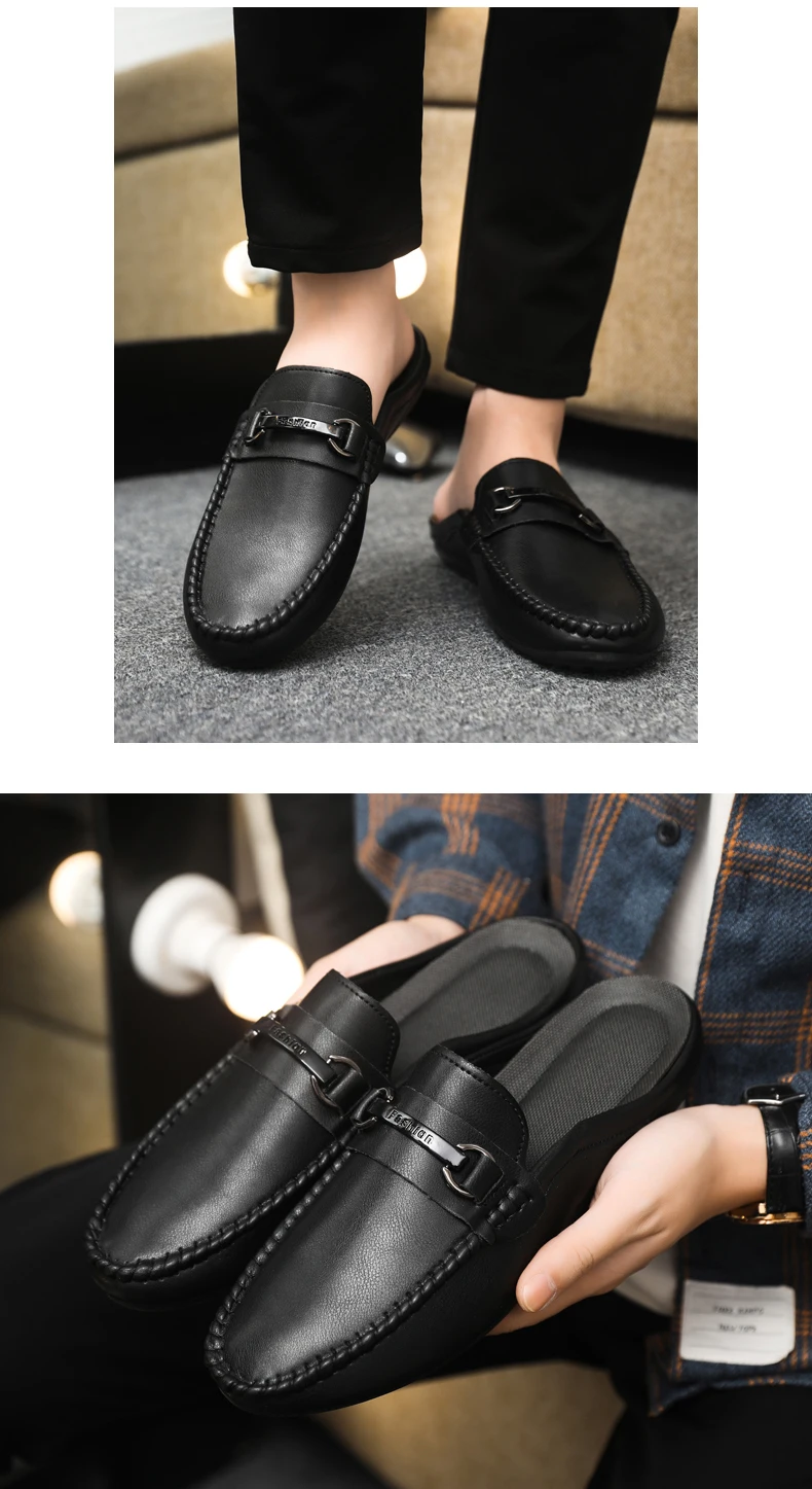 Summer Leather Casual Shoes For Men Half Shoes Comfortable Soft Men's Loafers Lightweight Flat Slip-on Shoes Man Daily Slippers