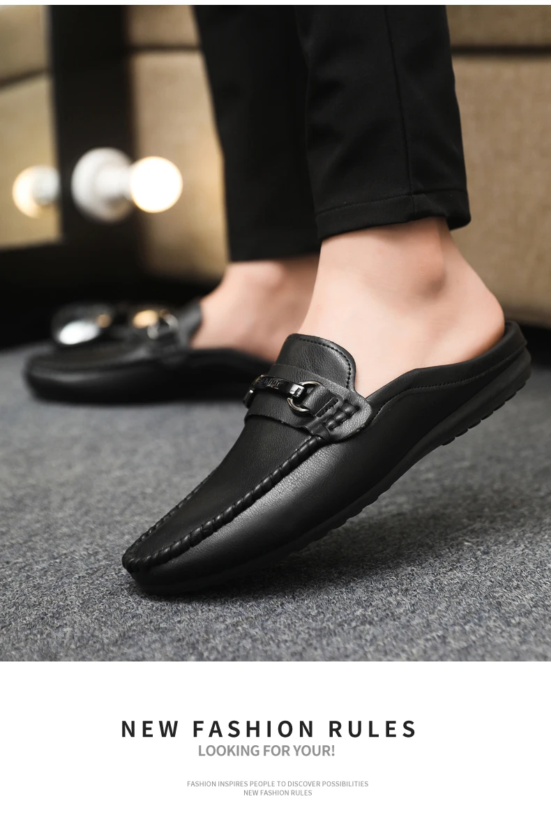 Summer Leather Casual Shoes For Men Half Shoes Comfortable Soft Men's Loafers Lightweight Flat Slip-on Shoes Man Daily Slippers