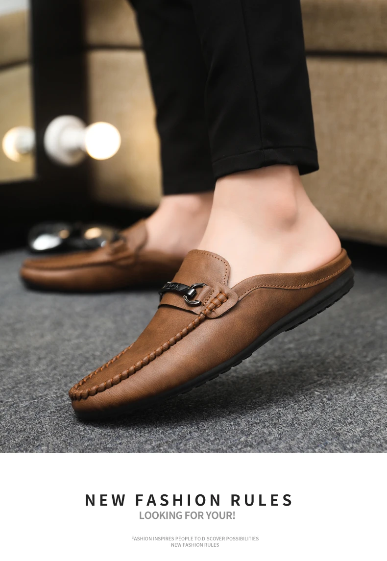 Summer Leather Casual Shoes For Men Half Shoes Comfortable Soft Men's Loafers Lightweight Flat Slip-on Shoes Man Daily Slippers