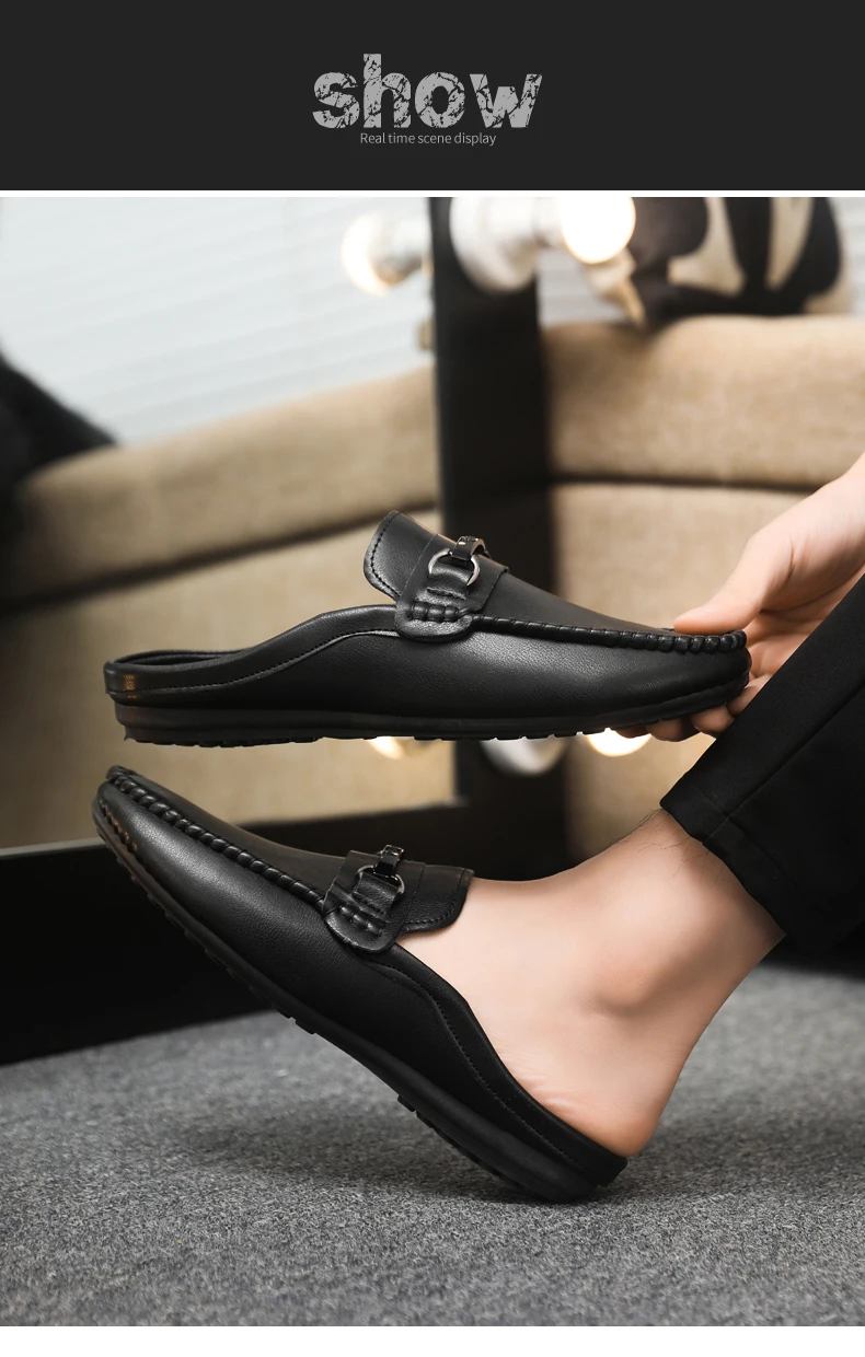 Summer Leather Casual Shoes For Men Half Shoes Comfortable Soft Men's Loafers Lightweight Flat Slip-on Shoes Man Daily Slippers