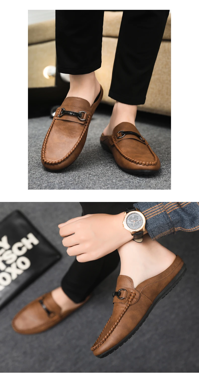 Summer Leather Casual Shoes For Men Half Shoes Comfortable Soft Men's Loafers Lightweight Flat Slip-on Shoes Man Daily Slippers