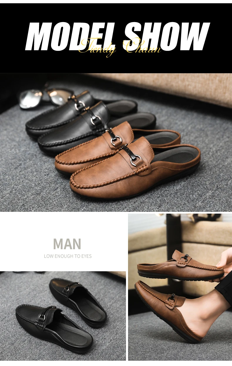 Summer Leather Casual Shoes For Men Half Shoes Comfortable Soft Men's Loafers Lightweight Flat Slip-on Shoes Man Daily Slippers