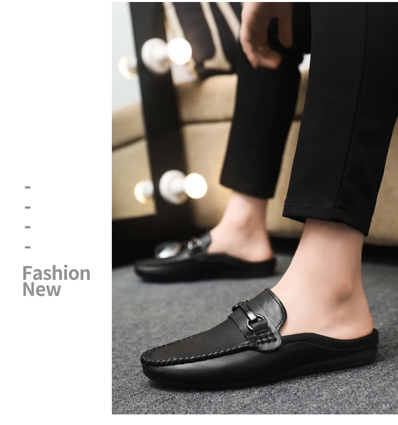 Summer Leather Casual Shoes For Men Half Shoes Comfortable Soft Men's Loafers Lightweight Flat Slip-on Shoes Man Daily Slippers