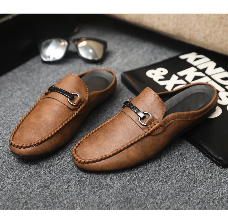 Summer Leather Casual Shoes For Men Half Shoes Comfortable Soft Men's Loafers Lightweight Flat Slip-on Shoes Man Daily Slippers