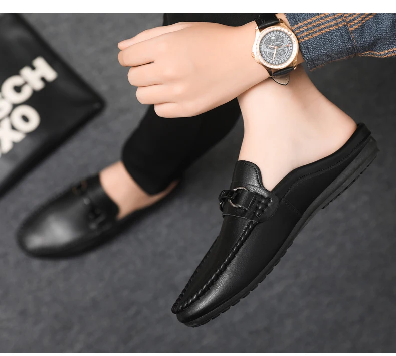 Summer Leather Casual Shoes For Men Half Shoes Comfortable Soft Men's Loafers Lightweight Flat Slip-on Shoes Man Daily Slippers