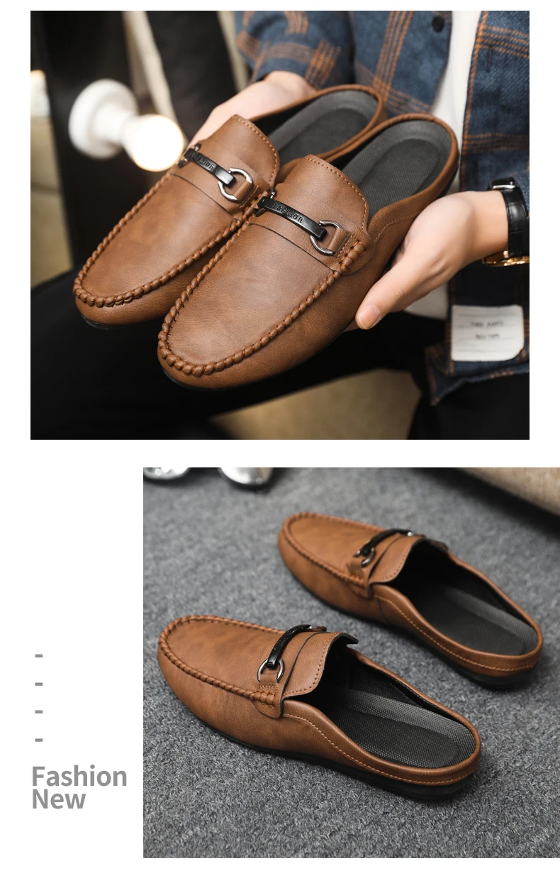 Summer Leather Casual Shoes For Men Half Shoes Comfortable Soft Men's Loafers Lightweight Flat Slip-on Shoes Man Daily Slippers