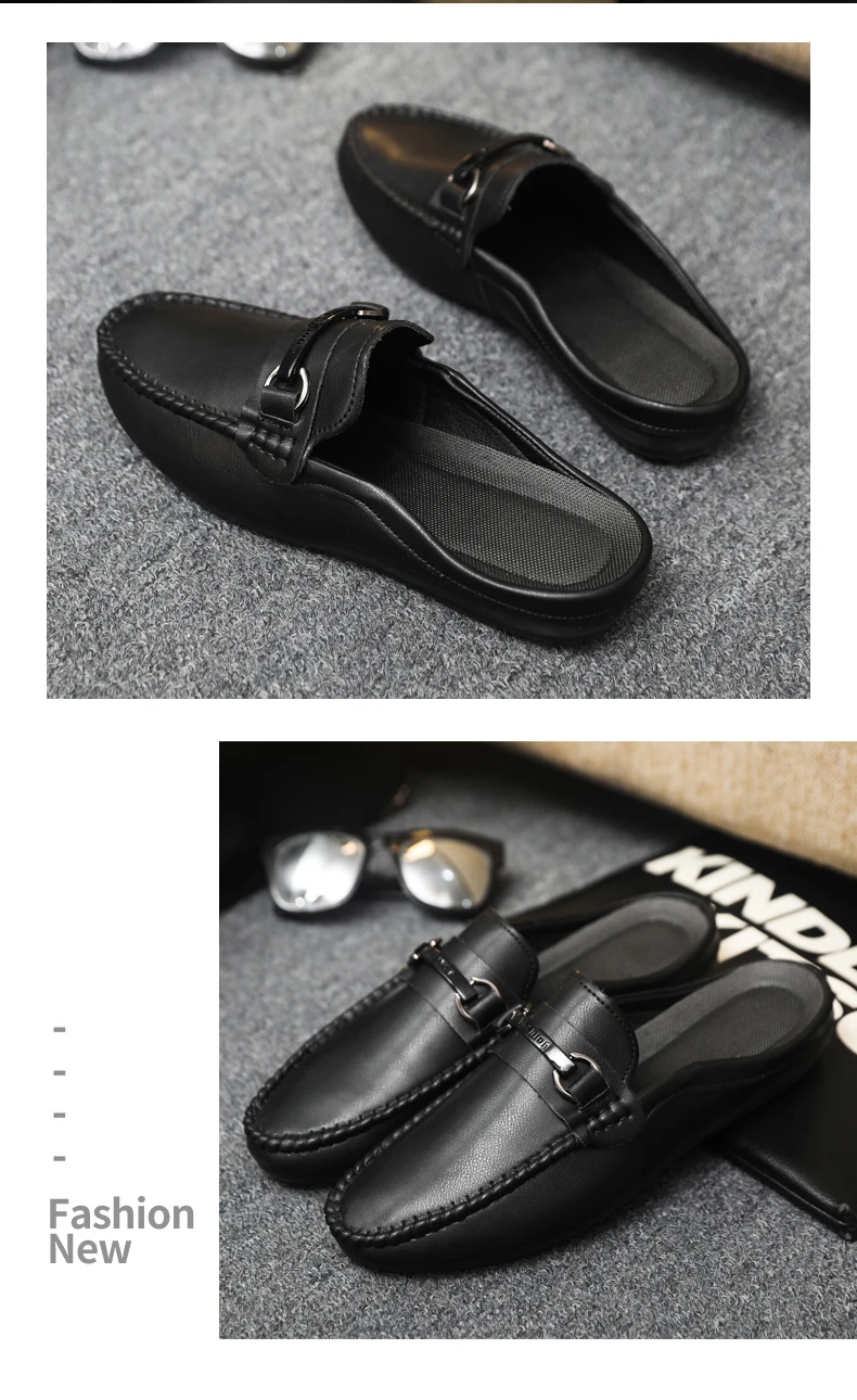 Summer Leather Casual Shoes For Men Half Shoes Comfortable Soft Men's Loafers Lightweight Flat Slip-on Shoes Man Daily Slippers