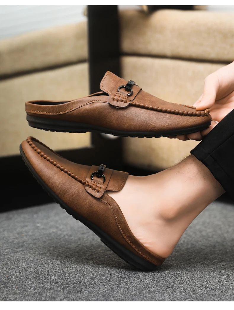 Summer Leather Casual Shoes For Men Half Shoes Comfortable Soft Men's Loafers Lightweight Flat Slip-on Shoes Man Daily Slippers