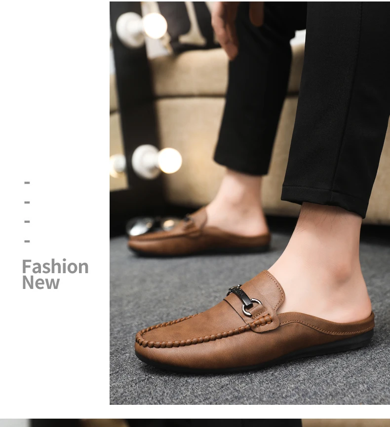 Summer Leather Casual Shoes For Men Half Shoes Comfortable Soft Men's Loafers Lightweight Flat Slip-on Shoes Man Daily Slippers