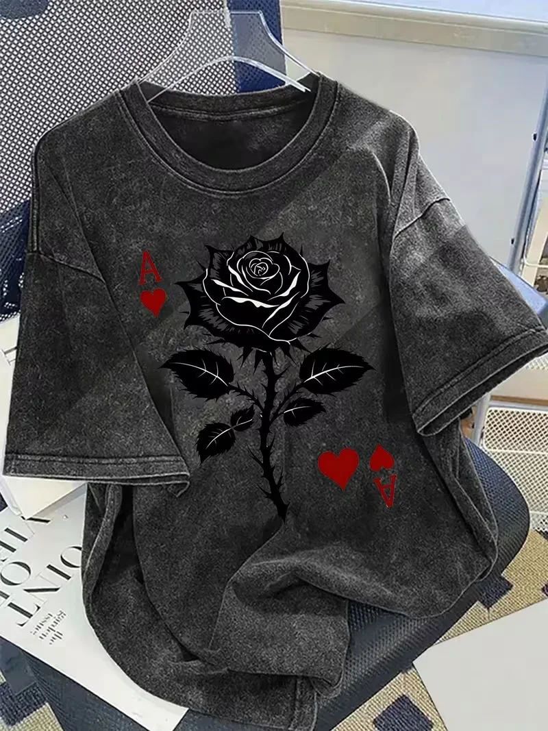 Ace of Hearts Black Rose Graphic Women's T-Shirt, Vintage Washed Dark Grey Print Loose Casual Short Sleeve Summer Top Daily Wear