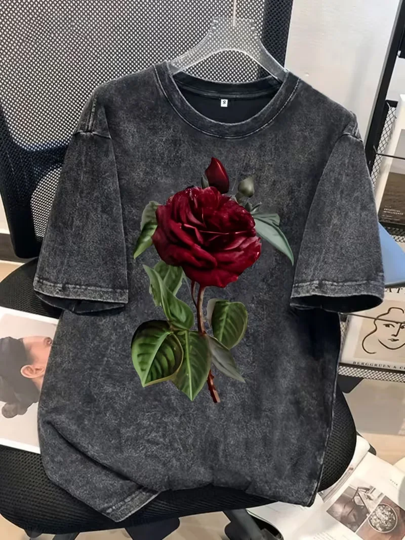 Ace of Hearts Black Rose Graphic Women's T-Shirt, Vintage Washed Dark Grey Print Loose Casual Short Sleeve Summer Top Daily Wear
