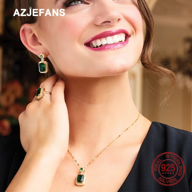 AZJEFANS 925 Sterling Silver 18K Gold Plated Emerald Zircon Pendant Necklace Gift For Girl Fine Jewelry