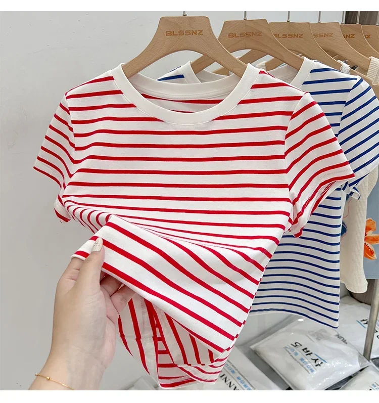 Striped Short Sleeve Women's T-Shirt 2026 Summer New Arrival Cotton Casual Versatile Slim Fit Fashion Tops Color Block Tee