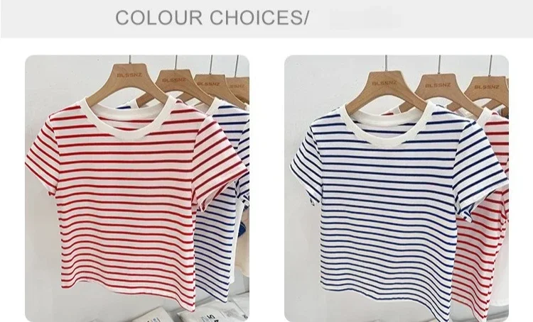 Striped Short Sleeve Women's T-Shirt 2026 Summer New Arrival Cotton Casual Versatile Slim Fit Fashion Tops Color Block Tee