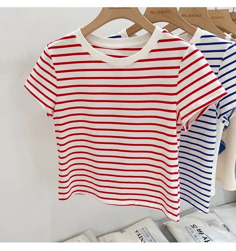Striped Short Sleeve Women's T-Shirt 2026 Summer New Arrival Cotton Casual Versatile Slim Fit Fashion Tops Color Block Tee