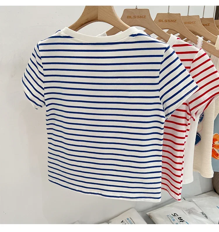 Striped Short Sleeve Women's T-Shirt 2026 Summer New Arrival Cotton Casual Versatile Slim Fit Fashion Tops Color Block Tee