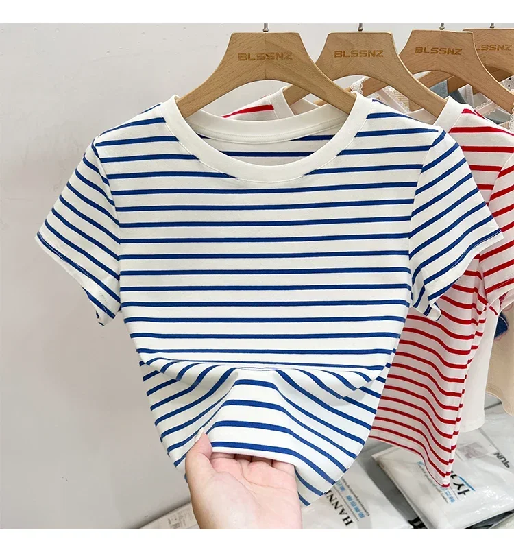 Striped Short Sleeve Women's T-Shirt 2026 Summer New Arrival Cotton Casual Versatile Slim Fit Fashion Tops Color Block Tee