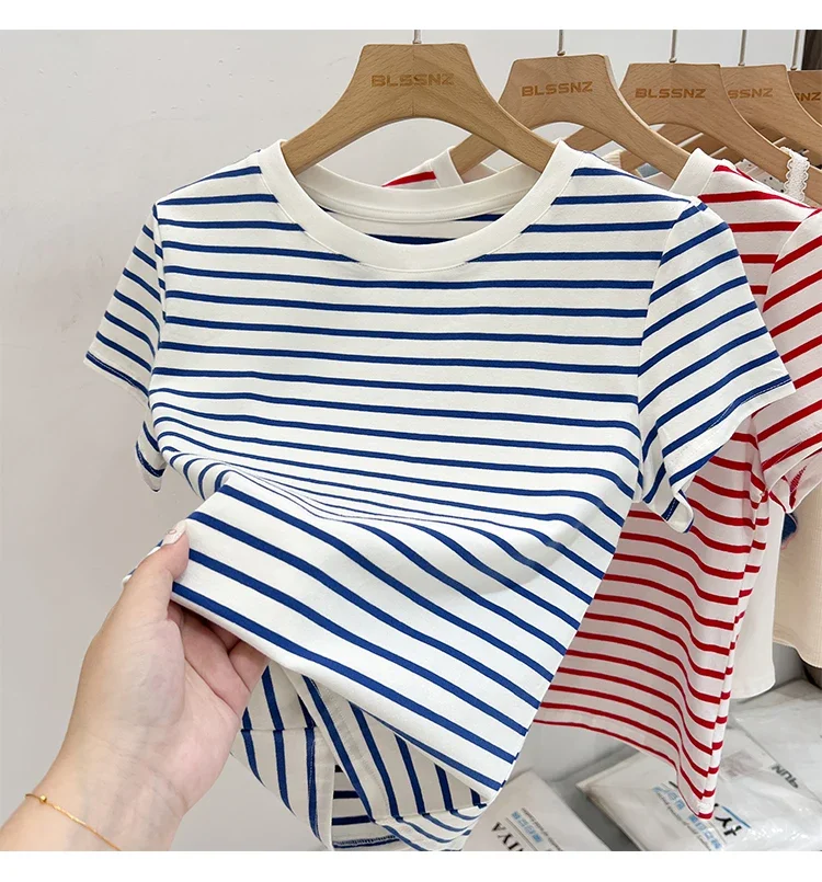 Striped Short Sleeve Women's T-Shirt 2026 Summer New Arrival Cotton Casual Versatile Slim Fit Fashion Tops Color Block Tee