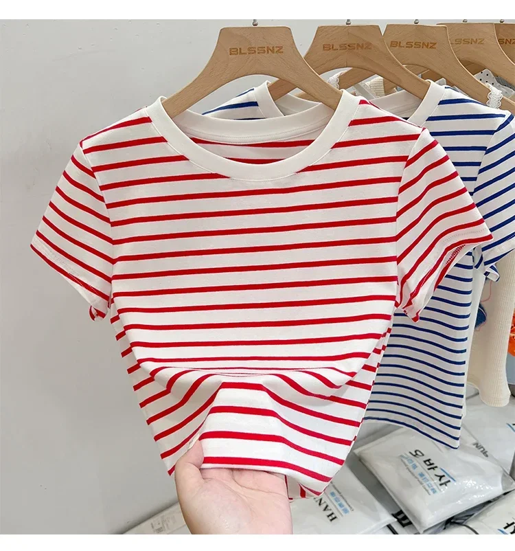 Striped Short Sleeve Women's T-Shirt 2026 Summer New Arrival Cotton Casual Versatile Slim Fit Fashion Tops Color Block Tee