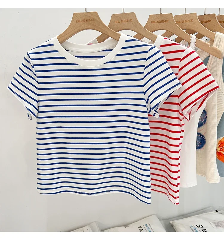 Striped Short Sleeve Women's T-Shirt 2026 Summer New Arrival Cotton Casual Versatile Slim Fit Fashion Tops Color Block Tee