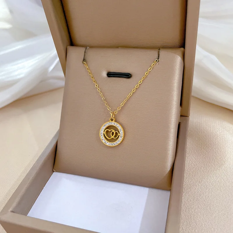 18K Gold Plated Double Ring Love Heart Pendant Necklace For Women Full Zircon Titanium Steel Necklace Lover Couple Gift