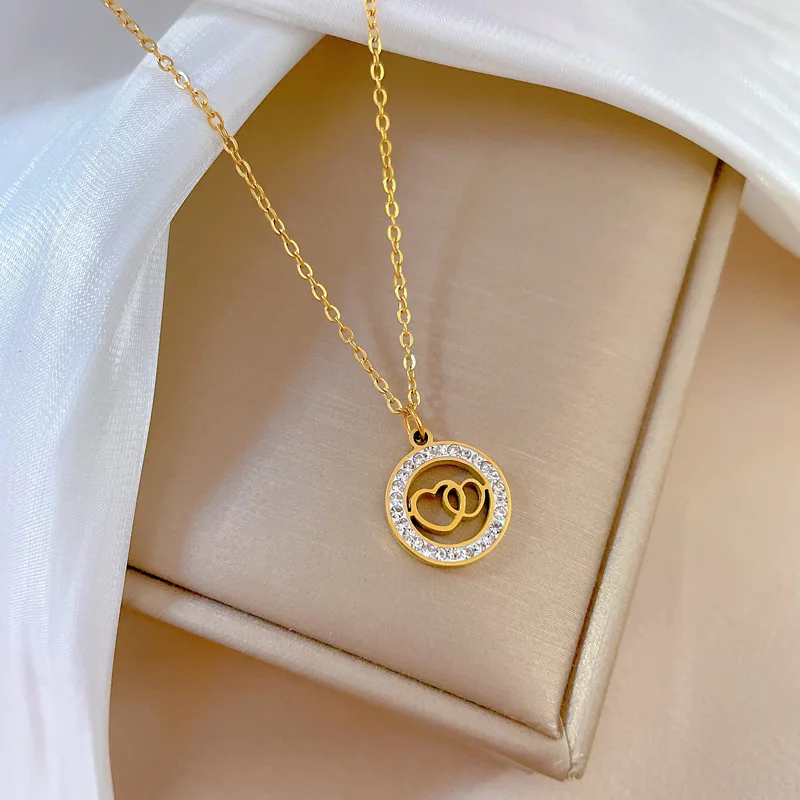 18K Gold Plated Double Ring Love Heart Pendant Necklace For Women Full Zircon Titanium Steel Necklace Lover Couple Gift