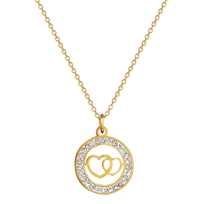 18K Gold Plated Double Ring Love Heart Pendant Necklace For Women Full Zircon Titanium Steel Necklace Lover Couple Gift