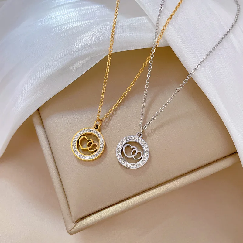 18K Gold Plated Double Ring Love Heart Pendant Necklace For Women Full Zircon Titanium Steel Necklace Lover Couple Gift