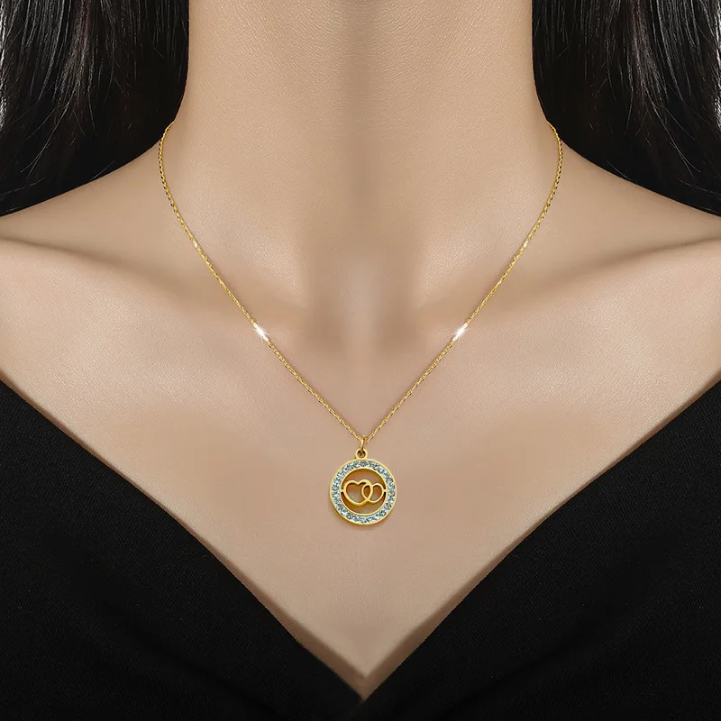 18K Gold Plated Double Ring Love Heart Pendant Necklace For Women Full Zircon Titanium Steel Necklace Lover Couple Gift