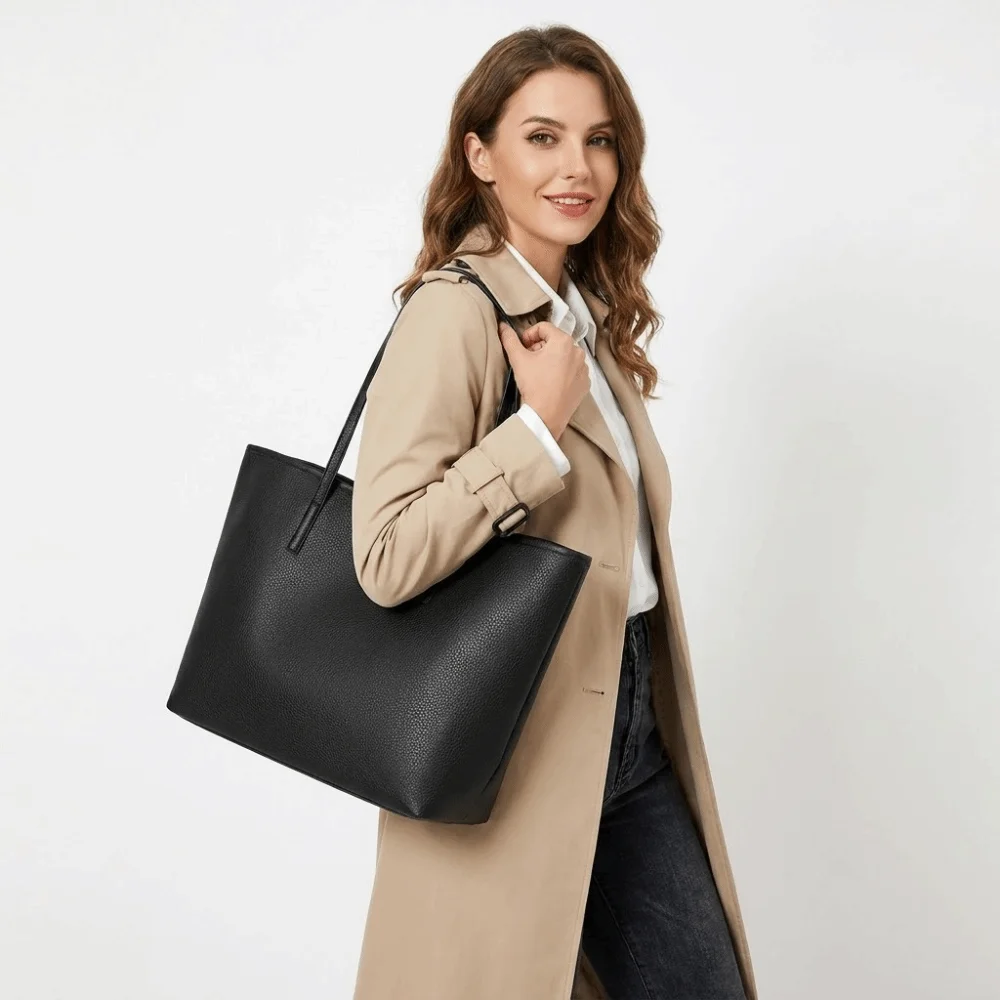 Chic Litchi Texture Tote Bag Snap Button Design Large Capacity Shoulder Bag Crossbody Leather Handbags Women