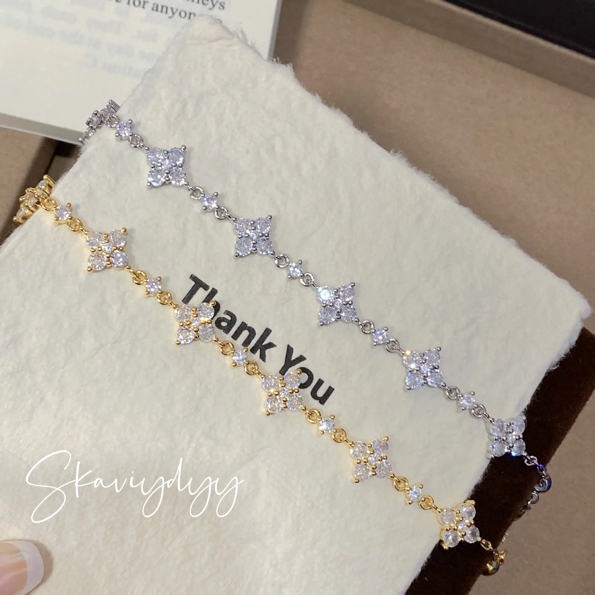 Clover Design Zircon Bracelet 925 Silver Plated Gold Adjustable Chain Luxury Crystal Flower Bracelets for Women Jewelry Gift