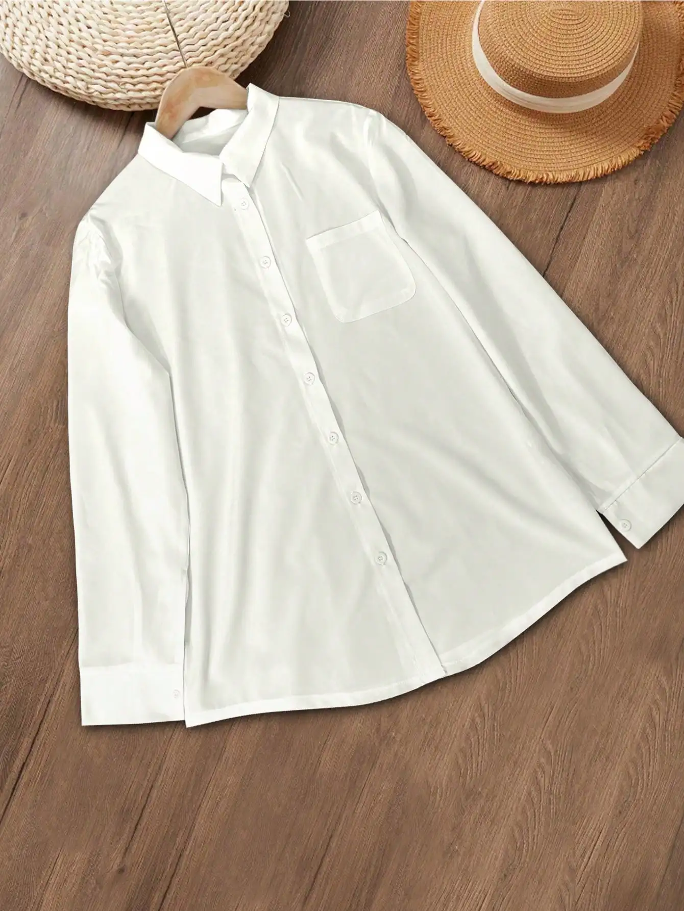 Casual, Everyday, Solid Color Basic Style — Long Sleeve, Collared, Button-Down Top (White) — Spring