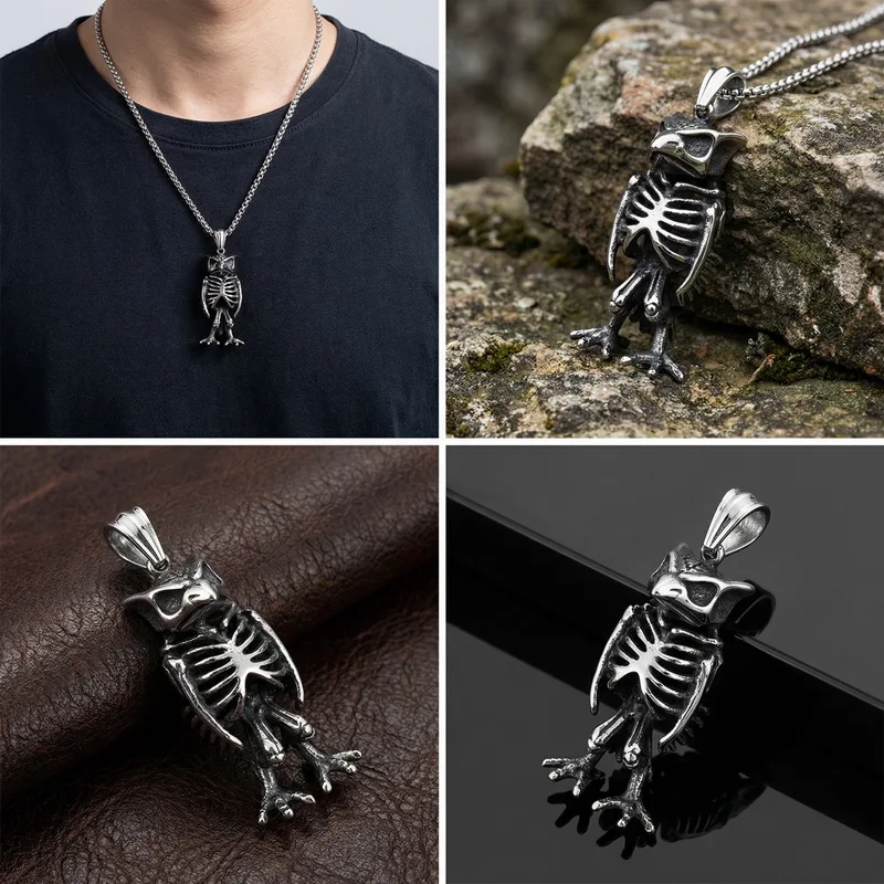 KALEN Fashion Men's Stainless Steel Gothic Owl Skeleton Pendant Oxidized Darkness Punk Style Necklace Box Chain Wholesale Gift
