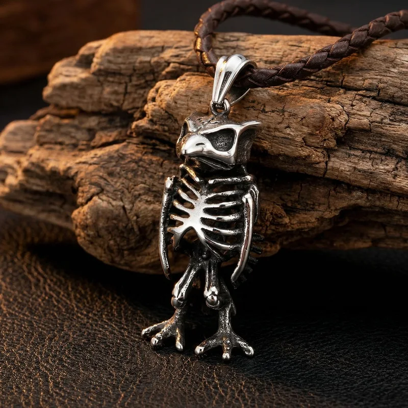 KALEN Fashion Men's Stainless Steel Gothic Owl Skeleton Pendant Oxidized Darkness Punk Style Necklace Box Chain Wholesale Gift
