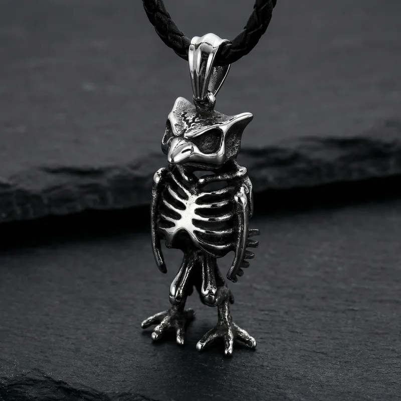 KALEN Fashion Men's Stainless Steel Gothic Owl Skeleton Pendant Oxidized Darkness Punk Style Necklace Box Chain Wholesale Gift