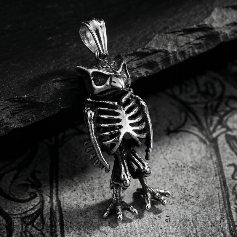 KALEN Fashion Men's Stainless Steel Gothic Owl Skeleton Pendant Oxidized Darkness Punk Style Necklace Box Chain Wholesale Gift