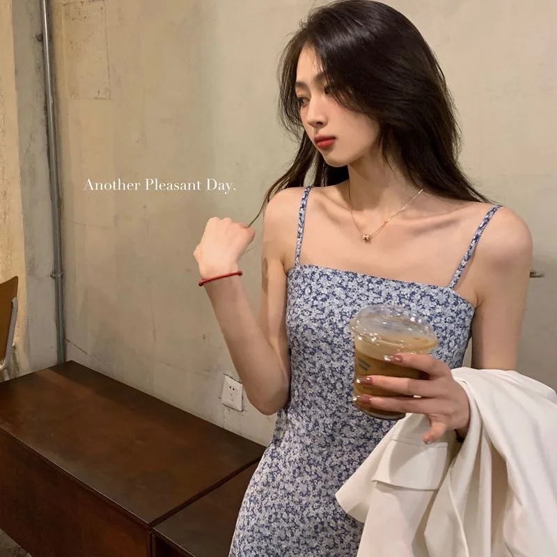 Women Summer Slip Long Dress Lady Floral Blue Slim French Style Dress Female Vintage Vacation Dress