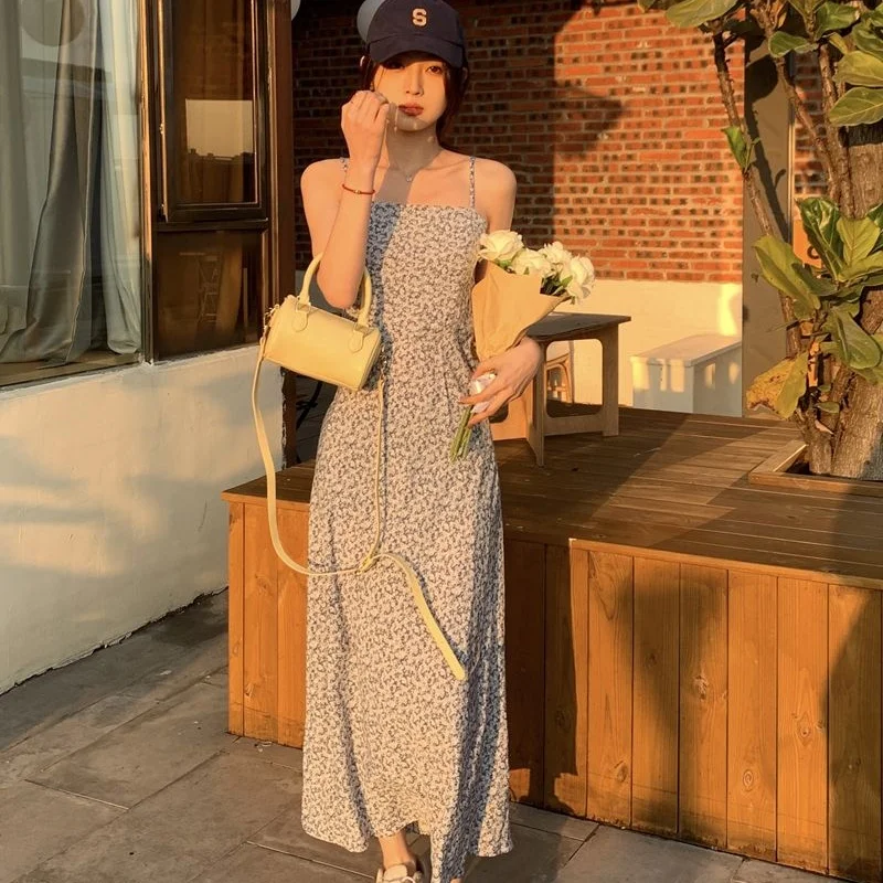 Women Summer Slip Long Dress Lady Floral Blue Slim French Style Dress Female Vintage Vacation Dress