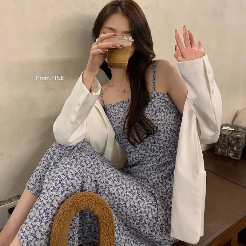 Women Summer Slip Long Dress Lady Floral Blue Slim French Style Dress Female Vintage Vacation Dress