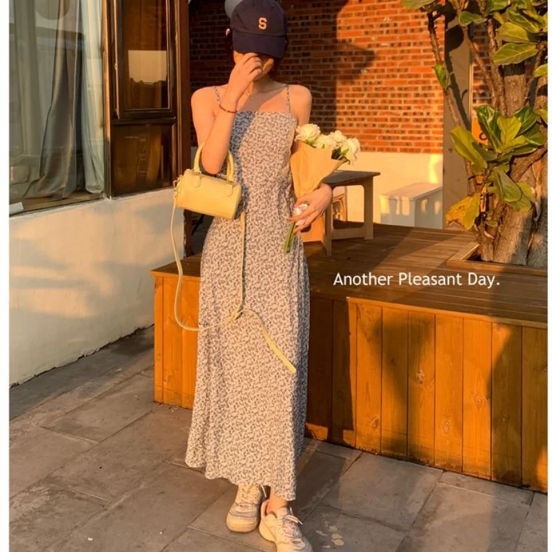 Women Summer Slip Long Dress Lady Floral Blue Slim French Style Dress Female Vintage Vacation Dress