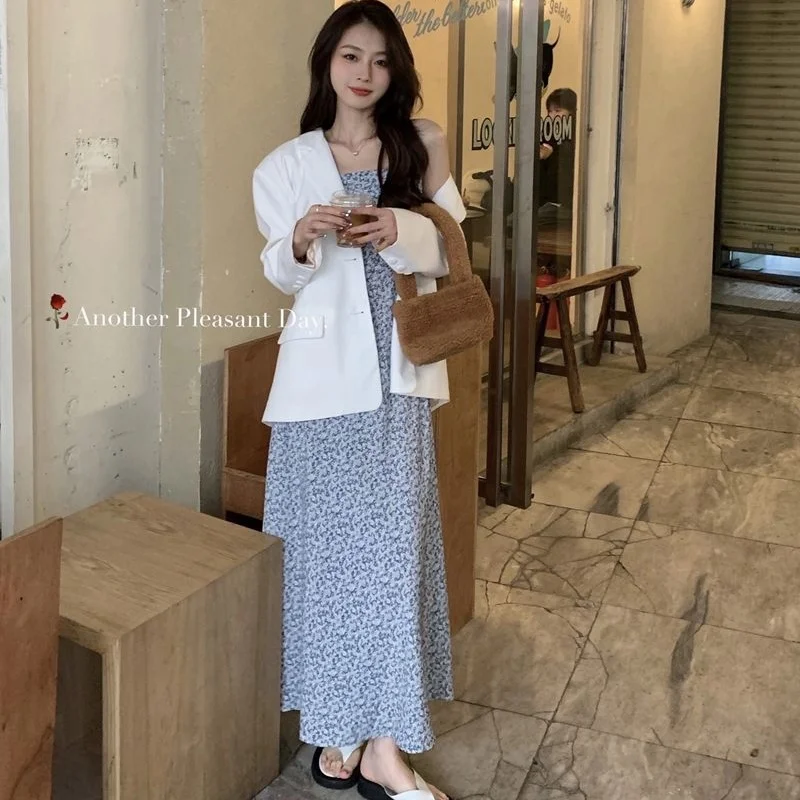 Women Summer Slip Long Dress Lady Floral Blue Slim French Style Dress Female Vintage Vacation Dress