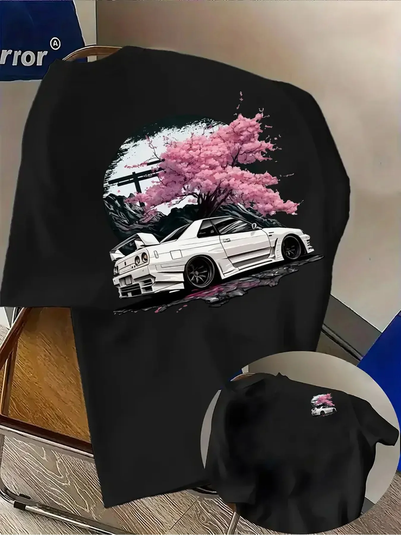 Unique JDM Sports Car and Cherry Blossom Print on Breathable Comfortable 100% Cotton Mens T shirt Great Summer Casual Hangouts