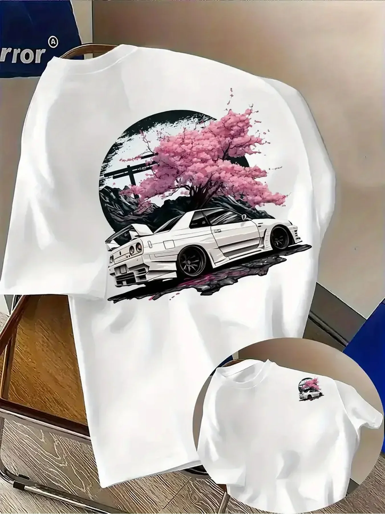 Unique JDM Sports Car and Cherry Blossom Print on Breathable Comfortable 100% Cotton Mens T shirt Great Summer Casual Hangouts