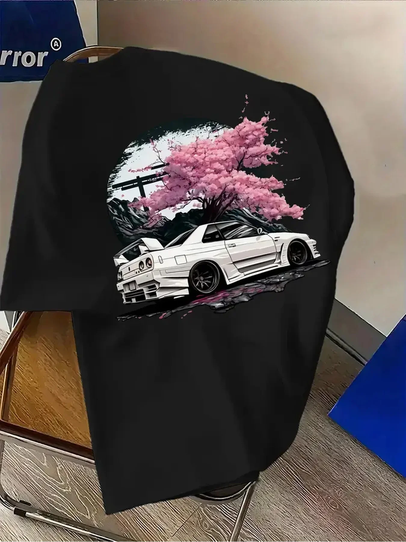 Unique JDM Sports Car and Cherry Blossom Print on Breathable Comfortable 100% Cotton Mens T shirt Great Summer Casual Hangouts