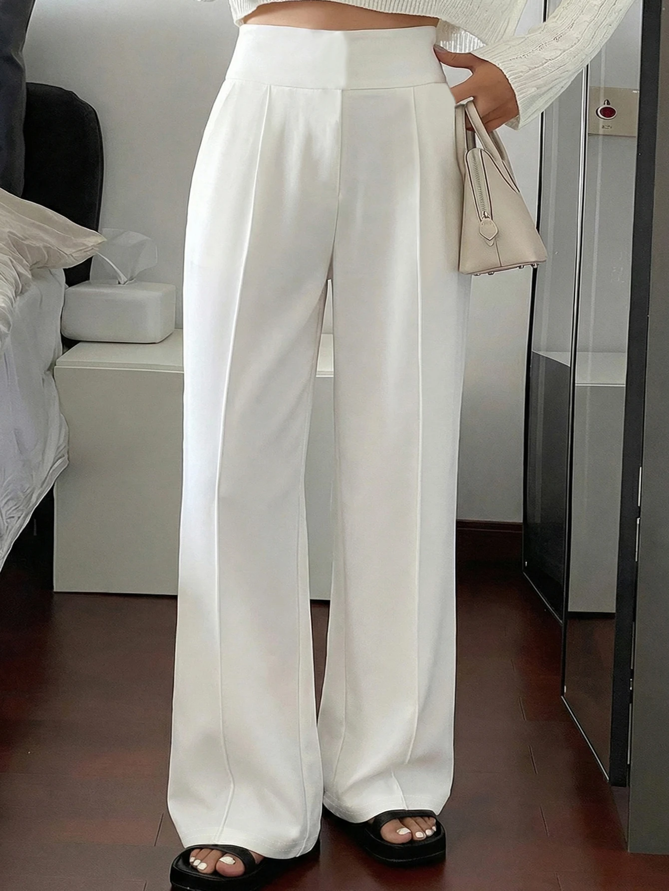 Women Loose Straight Leg Pants Minimalist White Casual Long Pants Slimming Cargo Pants With Stripe Design Standard Size Suitable